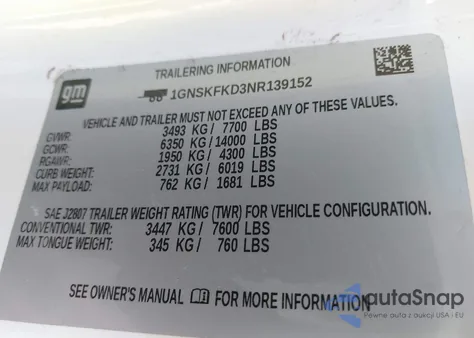 2022 Chevrolet Suburban 4Wd Premier из США, поврежденный, VIN 1GNSKFKD3NR139152